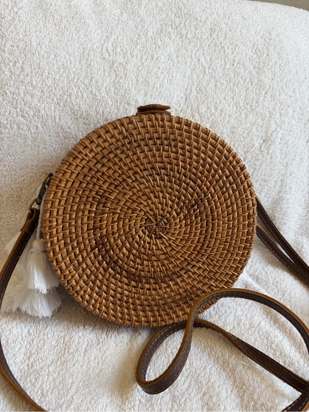 Round Woven Crossbody Bag in Brown